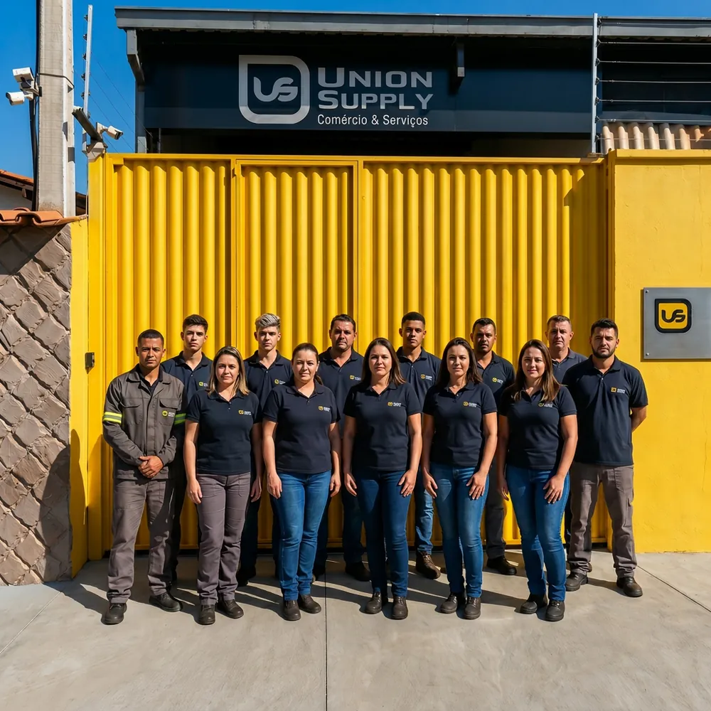 Equipe Union Supply em frente à sede